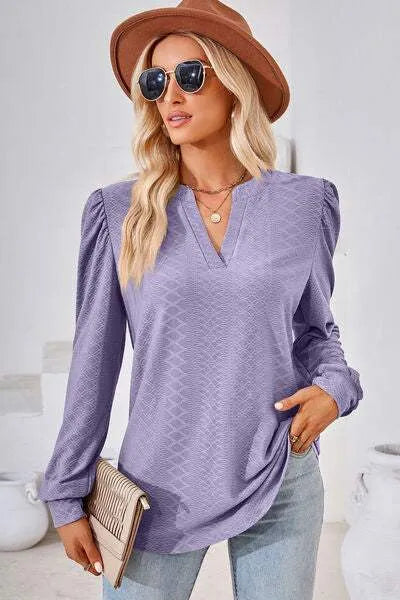Ruched Notched Long Sleeve T-Shirt Women's T-Shirts - Tophatter Daily Deals